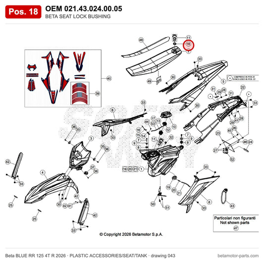 BETA SEAT LOCK BUSHING – OEM 021.43.024.00.05, position 18 on the Beta BLUE RR 125 4T R 2026 plastic accessories/seat/tank drawing