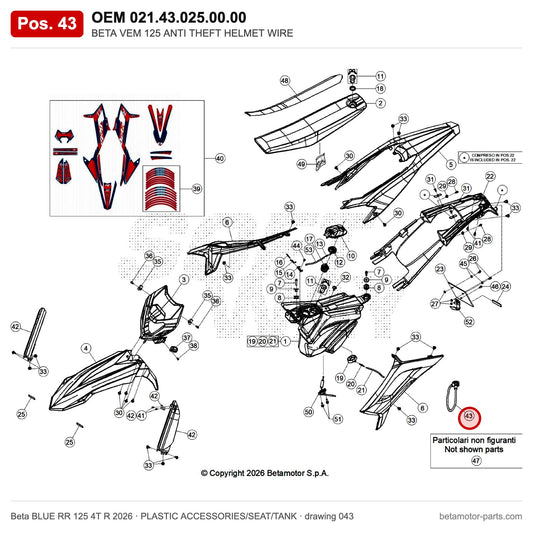 BETA VEM 125 ANTI THEFT HELMET WIRE – OEM 021.43.025.00.00, position 43 on the Beta BLUE RR 125 4T R 2026 plastic accessories/seat/tank drawing