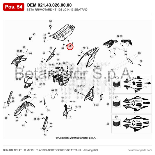 BETA RR/MOTARD 4T 125 LC H.13 SEATPAD – OEM 021.43.026.00.00, position 54 on the Beta RR 125 4T LC MY19 plastic accessories/seat/tank drawing
