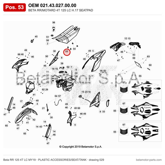 BETA RR/MOTARD 4T 125 LC H.17 SEATPAD – OEM 021.43.027.00.00, position 53 on the Beta RR 125 4T LC MY19 plastic accessories/seat/tank drawing