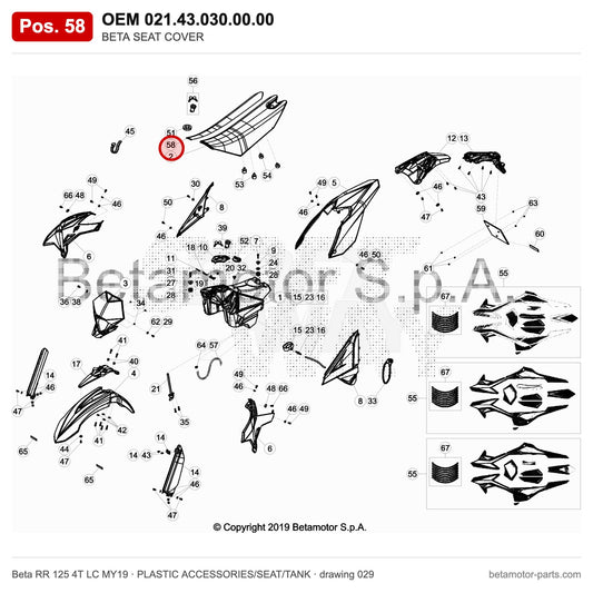 BETA SEAT COVER – OEM 021.43.030.00.00, position 58 on the Beta RR 125 4T LC MY19 plastic accessories/seat/tank drawing