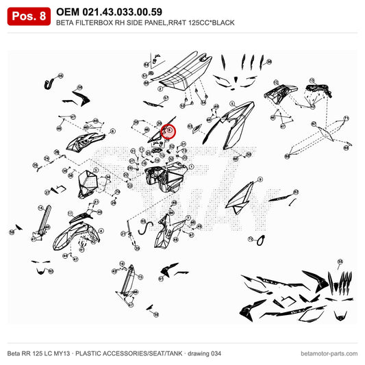 BETA FILTERBOX RH SIDE PANEL,RR4T 125CC*BLACK – OEM 021.43.033.00.59, position 8 on the Beta RR 125 LC MY13 plastic accessories/seat/tank drawing