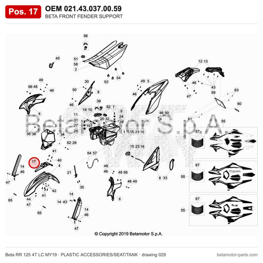 BETA FRONT FENDER SUPPORT – OEM 021.43.037.00.59, position 17 on the Beta RR 125 4T LC MY19 plastic accessories/seat/tank drawing
