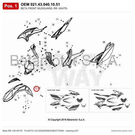 BETA FRONT MUDGUARD, RR -WHITE- – OEM 021.43.040.10.51, position 1 on the Beta RR 125 MY16 plastic accessories/seat/tank drawing