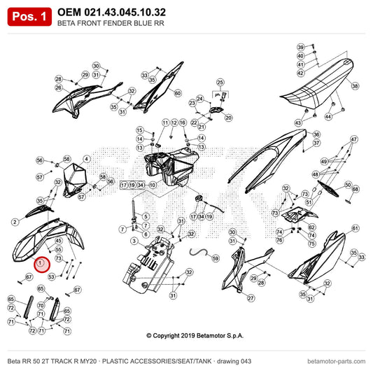 BETA FRONT FENDER BLUE RR – OEM 021.43.045.10.32, position 1 on the Beta RR 50 2T TRACK R MY20 plastic accessories/seat/tank drawing