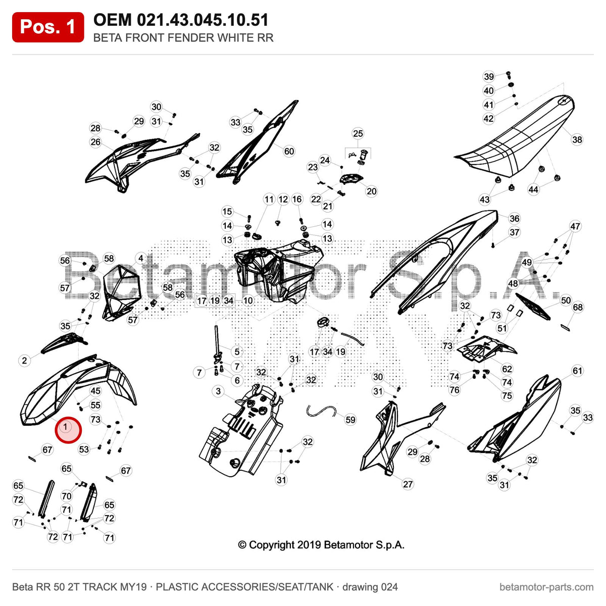 BETA FRONT FENDER WHITE RR – OEM 021.43.045.10.51, position 1 on the Beta RR 50 2T TRACK MY19 plastic accessories/seat/tank drawing