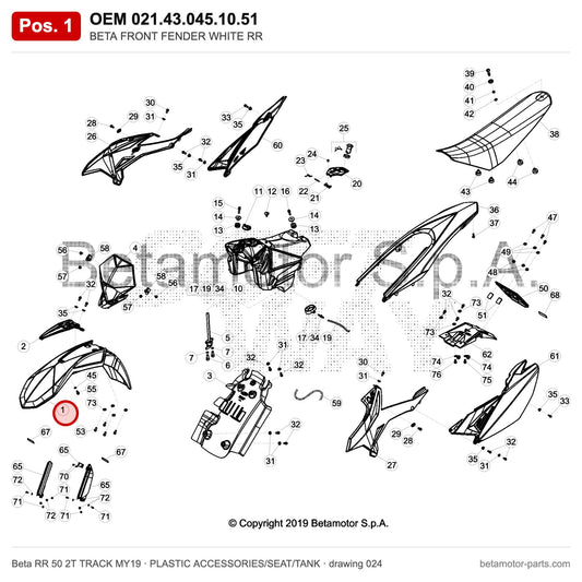 BETA FRONT FENDER WHITE RR – OEM 021.43.045.10.51, position 1 on the Beta RR 50 2T TRACK MY19 plastic accessories/seat/tank drawing