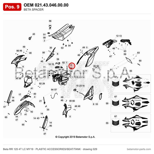 BETA SPACER – OEM 021.43.046.00.00, position 9 on the Beta RR 125 4T LC MY19 plastic accessories/seat/tank drawing