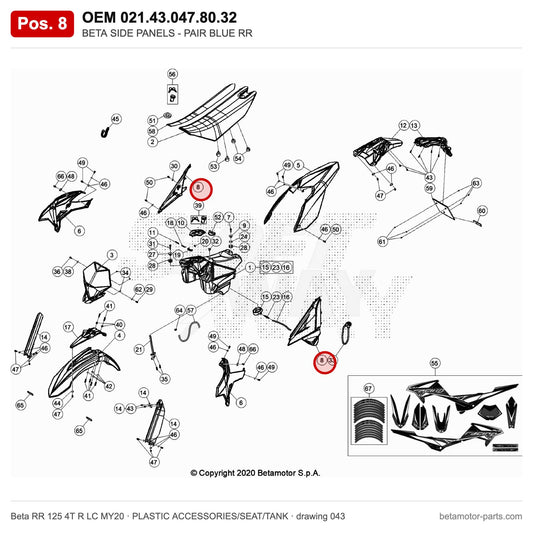 BETA SIDE PANELS - PAIR BLUE RR – OEM 021.43.047.80.32, position 8 on the Beta RR 125 4T R LC MY20 plastic accessories/seat/tank drawing