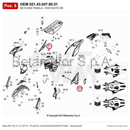 BETA SIDE PANELS - PAIR WHITE RR – OEM 021.43.047.80.51, position 8 on the Beta RR 125 4T LC MY19 plastic accessories/seat/tank drawing