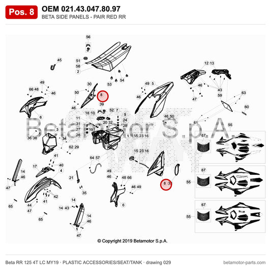 BETA SIDE PANELS - PAIR RED RR – OEM 021.43.047.80.97, position 8 on the Beta RR 125 4T LC MY19 plastic accessories/seat/tank drawing