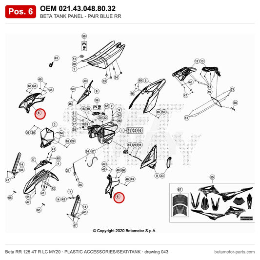 BETA TANK PANEL - PAIR BLUE RR – OEM 021.43.048.80.32, position 6 on the Beta RR 125 4T R LC MY20 plastic accessories/seat/tank drawing