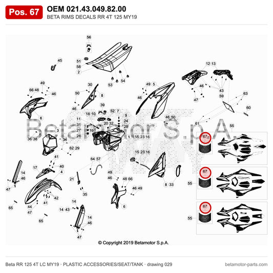 BETA RIMS DECALS RR 4T 125 MY19 – OEM 021.43.049.82.00, position 67 on the Beta RR 125 4T LC MY19 plastic accessories/seat/tank drawing