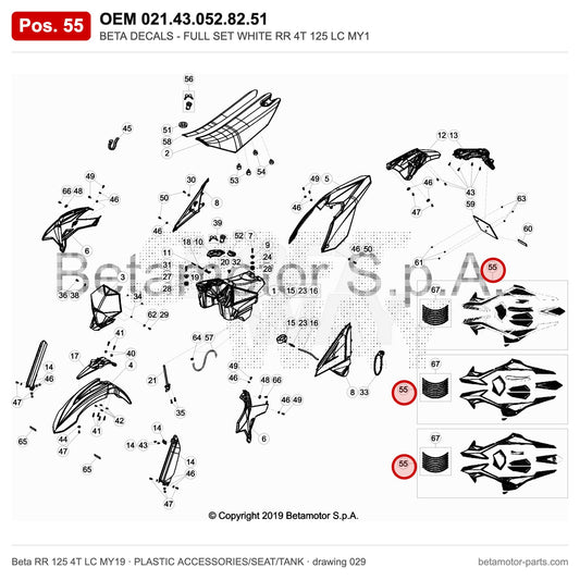 BETA DECALS - FULL SET WHITE RR 4T 125 LC MY1 – OEM 021.43.052.82.51, position 55 on the Beta RR 125 4T LC MY19 plastic accessories/seat/tank drawing