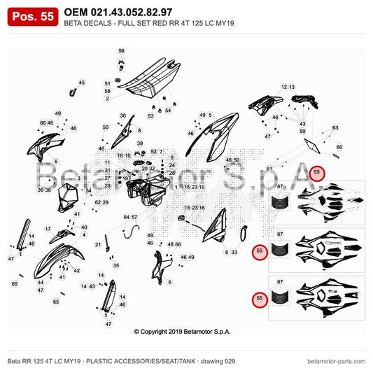 BETA DECALS - FULL SET RED RR 4T 125 LC MY19 – OEM 021.43.052.82.97, position 55 on the Beta RR 125 4T LC MY19 plastic accessories/seat/tank drawing