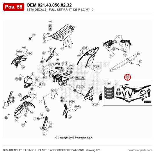 BETA DECALS - FULL SET RR 4T 125 R LC MY19 – OEM 021.43.056.82.32, position 55 on the Beta RR 125 4T R LC MY19 plastic accessories/seat/tank drawing
