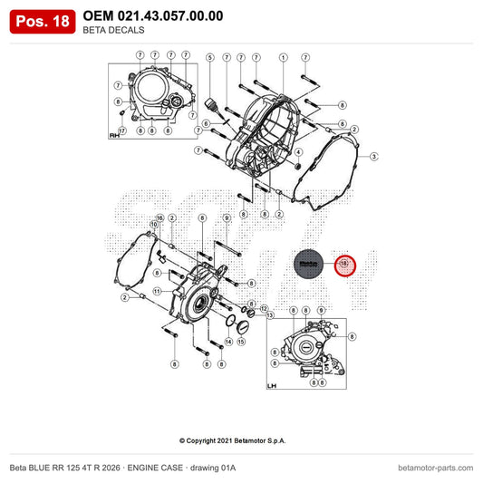 BETA DECALS – OEM 021.43.057.00.00, position 18 on the Beta BLUE RR 125 4T R 2026 engine case drawing