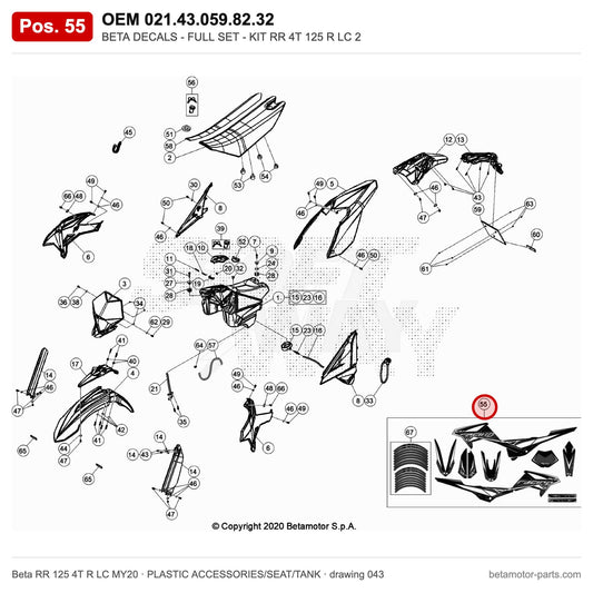 BETA DECALS - FULL SET - KIT RR 4T 125 R LC 2 – OEM 021.43.059.82.32, position 55 on the Beta RR 125 4T R LC MY20 plastic accessories/seat/tank drawing