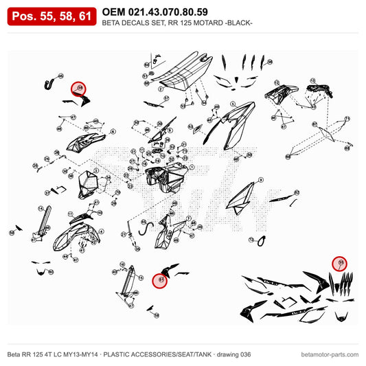 BETA DECALS SET, RR 125 MOTARD -BLACK- – OEM 021.43.070.80.59, positions 55,58,61 on the Beta RR 125 4T LC MY13-MY14 plastic accessories/seat/tank drawing