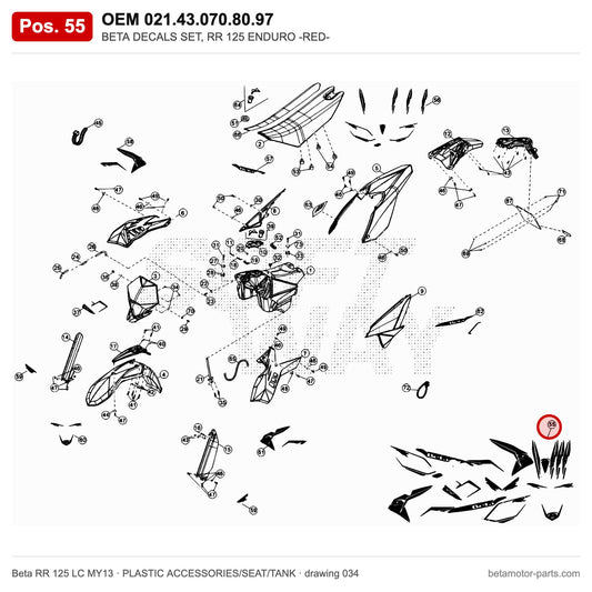 BETA DECALS SET, RR 125 ENDURO -RED- – OEM 021.43.070.80.97, position 55 on the Beta RR 125 LC MY13 plastic accessories/seat/tank drawing