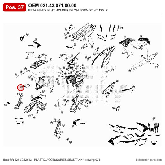 BETA HEADLIGHT HOLDER DECAL RR/MOT. 4T 125 LC – OEM 021.43.071.00.00, position 37 on the Beta RR 125 LC MY13 plastic accessories/seat/tank drawing