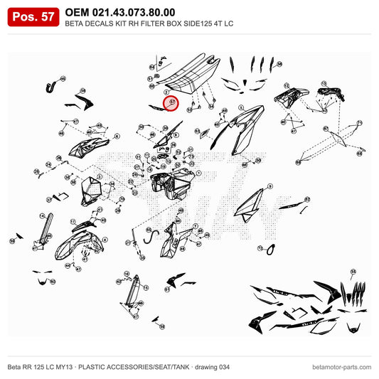 BETA DECALS KIT RH FILTER BOX SIDE125 4T LC – OEM 021.43.073.80.00, position 57 on the Beta RR 125 LC MY13 plastic accessories/seat/tank drawing