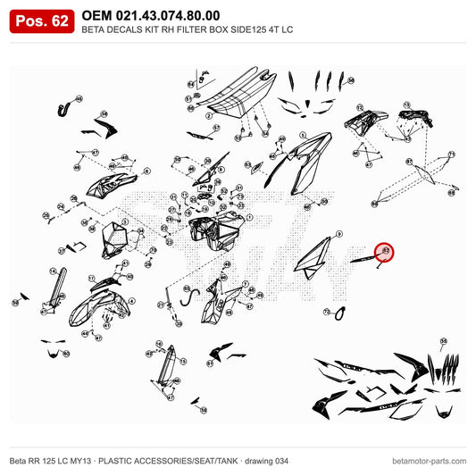 BETA DECALS KIT RH FILTER BOX SIDE125 4T LC – OEM 021.43.074.80.00, position 62 on the Beta RR 125 LC MY13 plastic accessories/seat/tank drawing