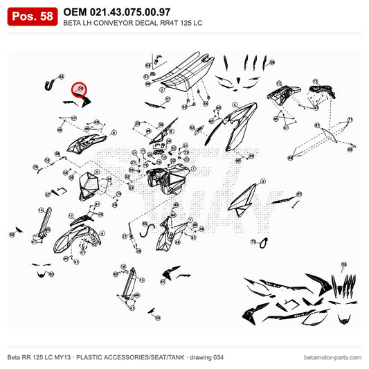 BETA LH CONVEYOR DECAL RR4T 125 LC – OEM 021.43.075.00.97, position 58 on the Beta RR 125 LC MY13 plastic accessories/seat/tank drawing
