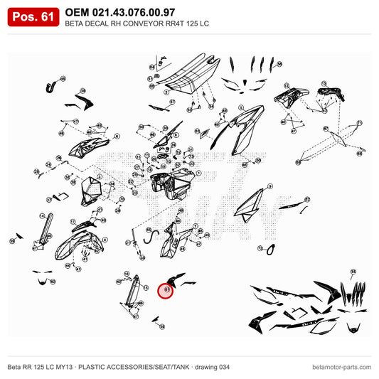 BETA DECAL RH CONVEYOR RR4T 125 LC – OEM 021.43.076.00.97, position 61 on the Beta RR 125 LC MY13 plastic accessories/seat/tank drawing