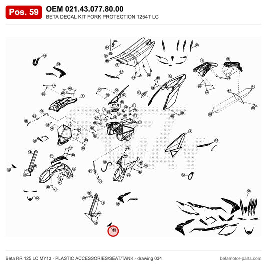 BETA DECAL KIT FORK PROTECTION 1254T LC – OEM 021.43.077.80.00, position 59 on the Beta RR 125 LC MY13 plastic accessories/seat/tank drawing