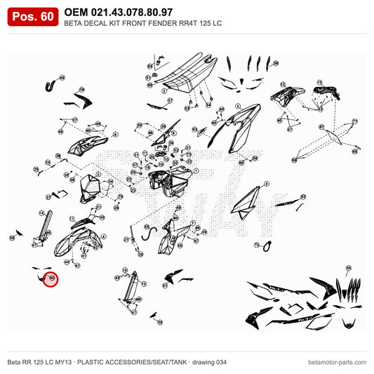 BETA DECAL KIT FRONT FENDER RR4T 125 LC – OEM 021.43.078.80.97, position 60 on the Beta RR 125 LC MY13 plastic accessories/seat/tank drawing