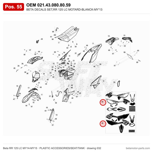 BETA DECALS SET,RR 125 LC MOTARD-BLANCK-MY'13 – OEM 021.43.080.80.59, position 55 on the Beta RR 125 LC MY14-MY15 plastic accessories/seat/tank drawing