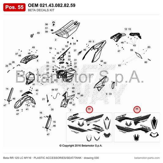 BETA DECALS KIT – OEM 021.43.082.82.59, position 55 on the Beta RR 125 LC MY16 plastic accessories/seat/tank drawing