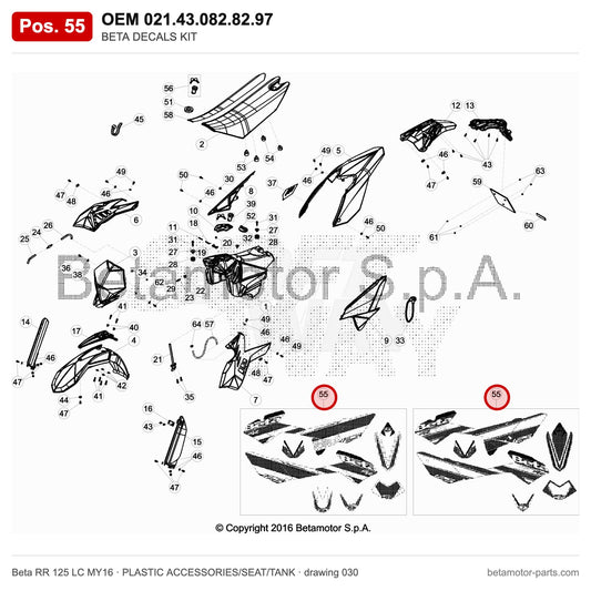 BETA DECALS KIT – OEM 021.43.082.82.97, position 55 on the Beta RR 125 LC MY16 plastic accessories/seat/tank drawing