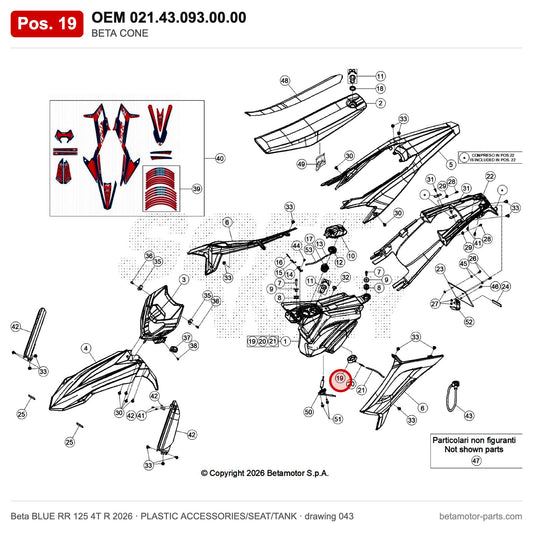BETA CONE – OEM 021.43.093.00.00, position 19 on the Beta BLUE RR 125 4T R 2026 plastic accessories/seat/tank drawing
