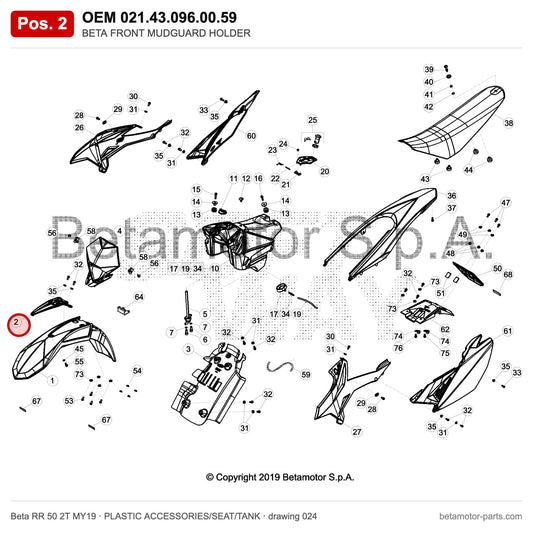 BETA FRONT MUDGUARD HOLDER – OEM 021.43.096.00.59, position 2 on the Beta RR 50 2T MY19 plastic accessories/seat/tank drawing