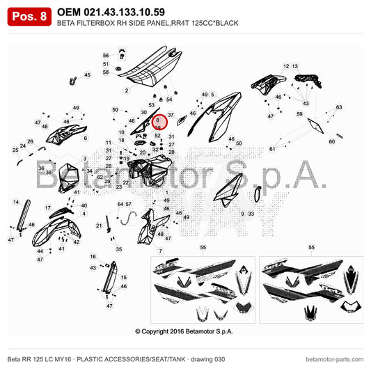 BETA FILTERBOX RH SIDE PANEL,RR4T 125CC*BLACK – OEM 021.43.133.10.59, position 8 on the Beta RR 125 LC MY16 plastic accessories/seat/tank drawing