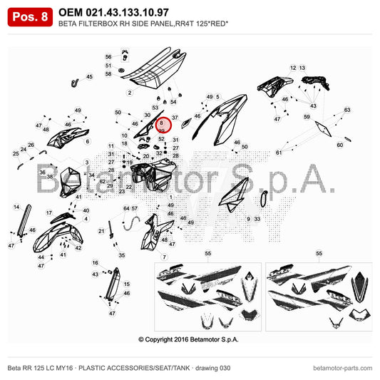 BETA FILTERBOX RH SIDE PANEL,RR4T 125*RED* – OEM 021.43.133.10.97, position 8 on the Beta RR 125 LC MY16 plastic accessories/seat/tank drawing