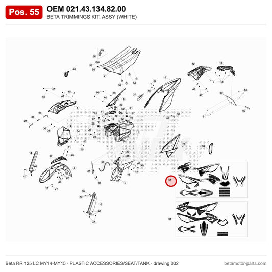BETA TRIMMINGS KIT, ASSY (WHITE) – OEM 021.43.134.82.00, position 55 on the Beta RR 125 LC MY14-MY15 plastic accessories/seat/tank drawing