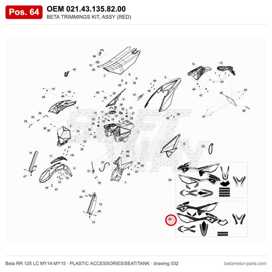 BETA TRIMMINGS KIT, ASSY (RED) – OEM 021.43.135.82.00, position 64 on the Beta RR 125 LC MY14-MY15 plastic accessories/seat/tank drawing