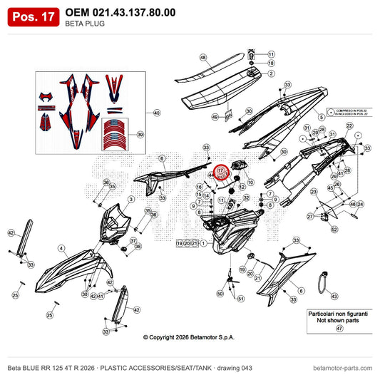 BETA PLUG – OEM 021.43.137.80.00, position 17 on the Beta BLUE RR 125 4T R 2026 plastic accessories/seat/tank drawing
