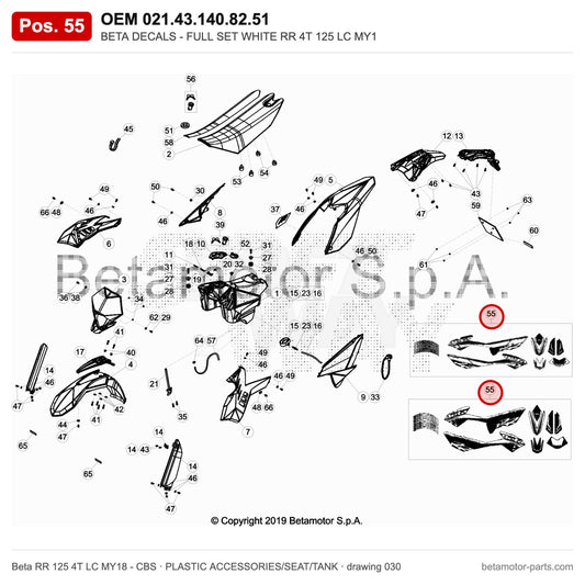BETA DECALS - FULL SET WHITE RR 4T 125 LC MY1 – OEM 021.43.140.82.51, position 55 on the Beta RR 125 4T LC MY18 - CBS plastic accessories/seat/tank drawing