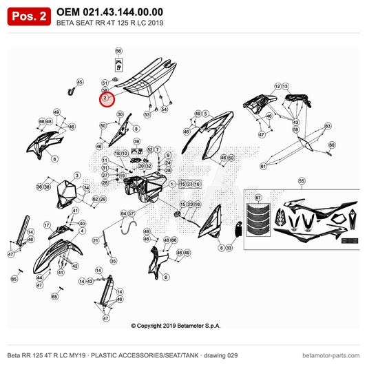 BETA SEAT RR 4T 125 R LC 2019 – OEM 021.43.144.00.00, position 2 on the Beta RR 125 4T R LC MY19 plastic accessories/seat/tank drawing