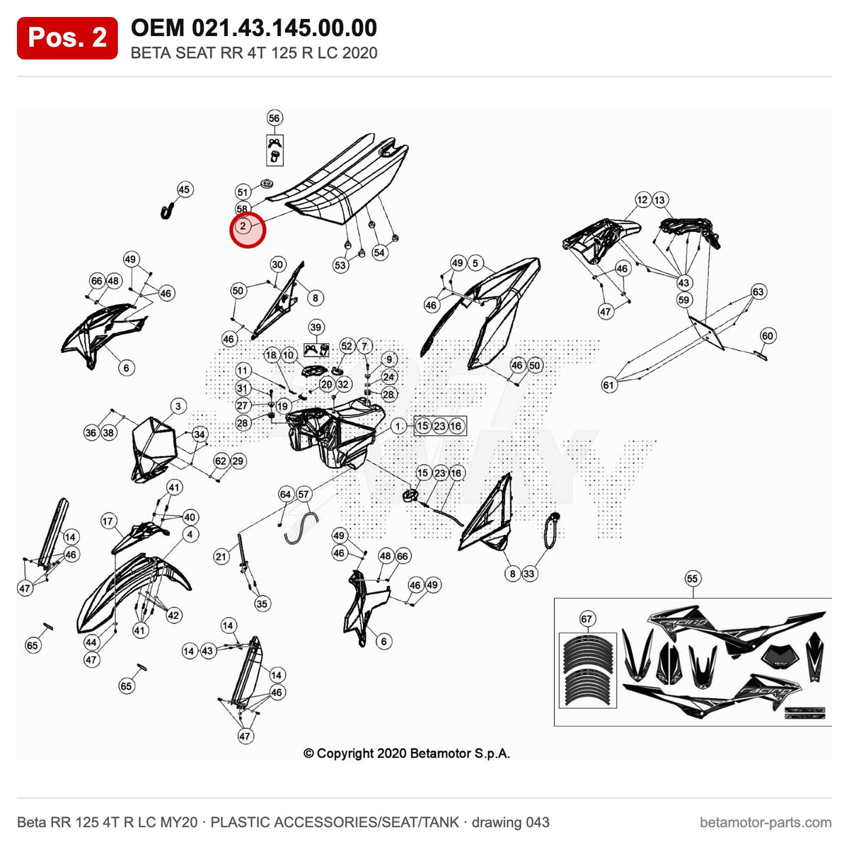 BETA SEAT RR 4T 125 R LC 2020 – OEM 021.43.145.00.00, position 2 on the Beta RR 125 4T R LC MY20 plastic accessories/seat/tank drawing