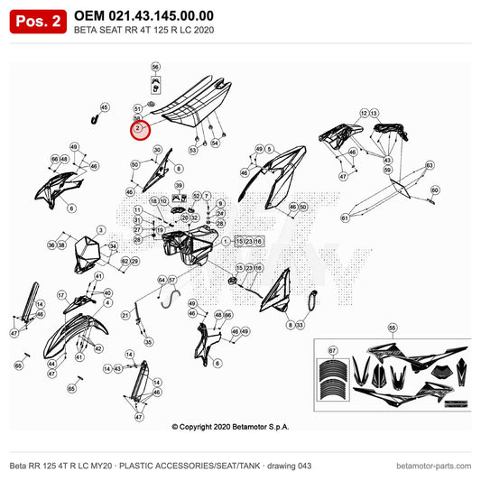 BETA SEAT RR 4T 125 R LC 2020 – OEM 021.43.145.00.00, position 2 on the Beta RR 125 4T R LC MY20 plastic accessories/seat/tank drawing