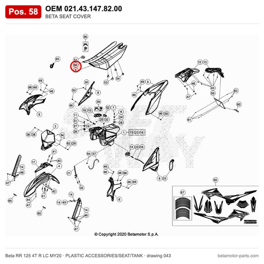 BETA SEAT COVER – OEM 021.43.147.82.00, position 58 on the Beta RR 125 4T R LC MY20 plastic accessories/seat/tank drawing