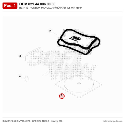 BETA ISTRUCTION MANUAL,RR/MOTARD 125 WR MY'14 – OEM 021.44.006.00.00, position 1 on the Beta RR 125 LC MY14-MY15 special tools drawing