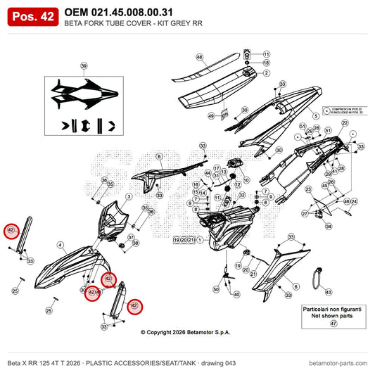 BETA FORK TUBE COVER - KIT GREY RR – OEM 021.45.008.00.31, position 42 on the Beta X RR 125 4T T 2026 plastic accessories/seat/tank drawing