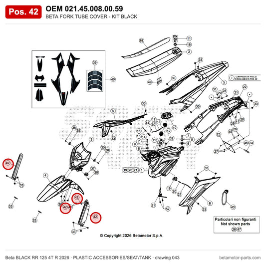 BETA FORK TUBE COVER - KIT BLACK – OEM 021.45.008.00.59, position 42 on the Beta BLACK RR 125 4T R 2026 plastic accessories/seat/tank drawing