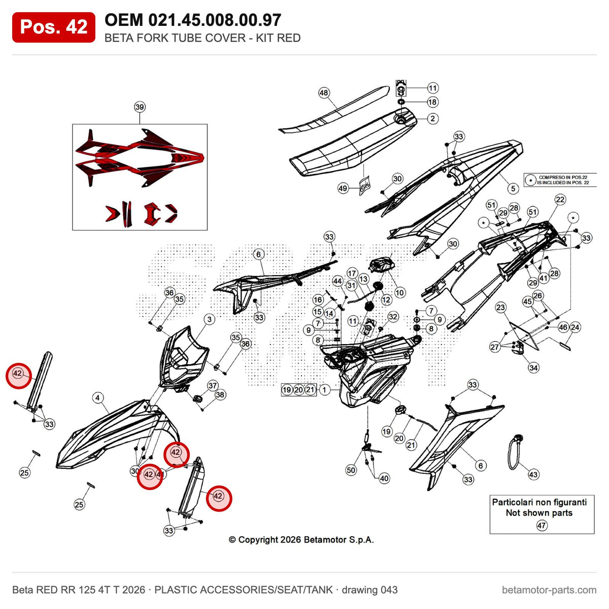 BETA FORK TUBE COVER - KIT RED – OEM 021.45.008.00.97, position 42 on the Beta RED RR 125 4T T 2026 plastic accessories/seat/tank drawing